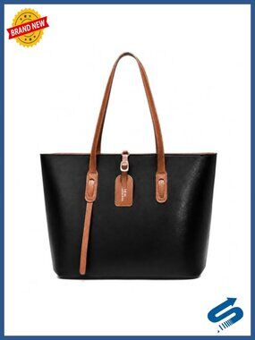 Large Black Tote Bag with Zipper, Leather-Look Shoulder Purse, Brown Handles,